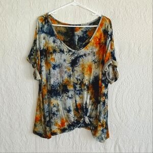 Coin 1904 Tie-Dye V-Neck Blouse Twist Front Western Hippie Blue Orange Colorful